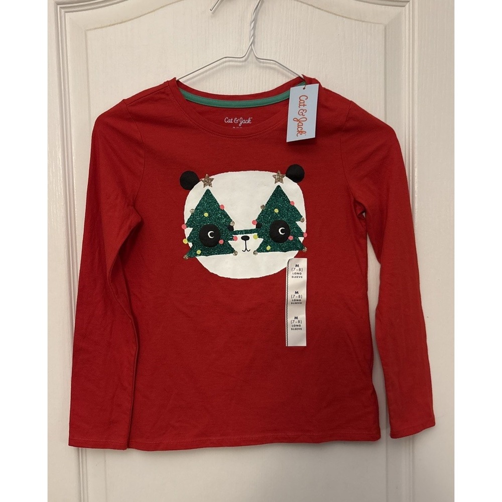 New Cat & Jack Girls long sleeve Christmas shirt size M (7/8) Panda Tree Glasses